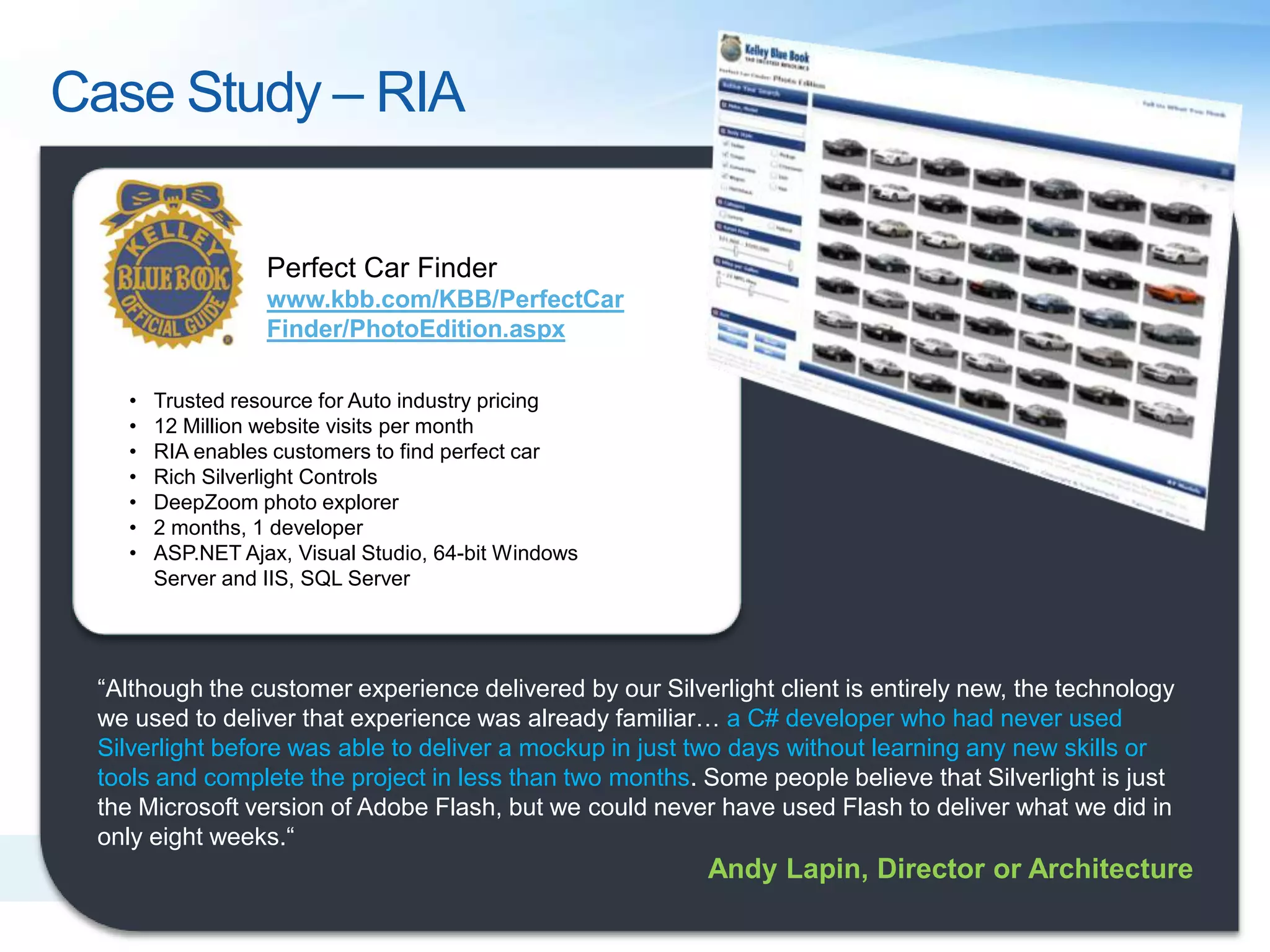 Average 27 Minutes spent on site (compare with 3 minutes average for other, non-Silverlight sites)