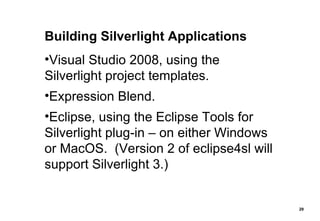 Building Silverlight Applications Visual Studio 2008, using the Silverlight project templates. Expression Blend. Eclipse, using the Eclipse Tools for Silverlight plug-in – on either Windows or MacOS.  (Version 2 of eclipse4sl will support Silverlight 3.) 