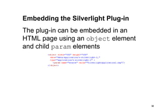 Embedding the Silverlight Plug-in The plug-in can be embedded in an HTML page using an  object  element and child  param  elements 