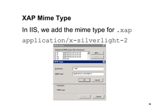 XAP Mime Type In IIS, we add the mime type for  .xap application/x-silverlight-2 