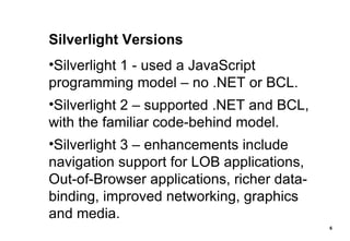 Silverlight Versions Silverlight 1 - used a JavaScript programming model – no .NET or BCL. Silverlight 2 – supported .NET and BCL, with the familiar code-behind model. Silverlight 3 – enhancements include navigation support for LOB applications, Out-of-Browser applications, richer data-binding, improved networking, graphics and media. 