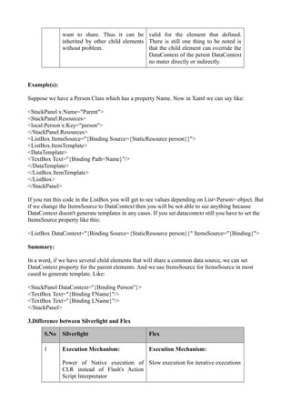 want to share. Thus it can be valid for the element that defined.
              inherited by other child elements There is still one thing to be noted is
              without problem.                  that the child element can override the
                                                DataContext of the perent DataContext
                                                no mater directly or indirectly.


Example(s):

Suppose we have a Person Class which has a property Name. Now in Xaml we can say like:

<StackPanel x:Name="Parent">
<StackPanel.Resources>
<local:Person x:Key="person">
</StackPanel.Resources>
<ListBox ItemsSource="{Binding Source={StaticResource person}}">
<ListBox.ItemTemplate>
<DataTemplate>
<TextBox Text="{Binding Path=Name}"/>
</DataTemplate>
</ListBox.ItemTemplate>
</ListBox>
</StackPanel>

If you run this code in the ListBox you will get to see values depending on List<Person> object. But
if we change the ItemsSource to DataContext then you will be not able to see anything because
DataContext doesn't generate templates in any cases. If you set datacontext still you have to set the
ItemsSource property like this:

<ListBox DataContext="{Binding Source={StaticResource person}}" ItemsSource="{Binding}">

Summary:

In a word, if we have several child elements that will share a common data source, we can set
DataContext property for the parent elements. And we use ItemsSource for ItemsSource in most
cased to generate template. Like:

<StackPanel DataContext="{Binding Person"}>
<TextBox Text="{Binding FName}"/>
<TextBox Text="{Binding LName}"/>
</StackPanel>

3.Difference between Silverlight and Flex

       S.No   Silverlight                          Flex

       1      Execution Mechanism:                 Execution Mechanism:

              Power of Native execution of Slow execution for iterative executions
              CLR instead of Flash's Action
              Script Interpretator
 
