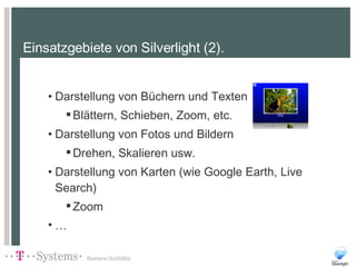 Einsatzgebiete von Silverlight (2). Darstellung von Büchern und Texten Blättern, Schieben, Zoom, etc. Darstellung von Fotos und Bildern Drehen, Skalieren usw. Darstellung von Karten (wie Google Earth, Live Search) Zoom  … 