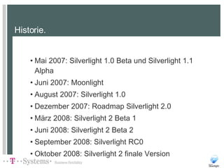 Historie. Mai 2007: Silverlight 1.0 Beta und Silverlight 1.1 Alpha Juni 2007: Moonlight August 2007: Silverlight 1.0 Dezember 2007: Roadmap Silverlight 2.0 März 2008: Silverlight 2 Beta 1 Juni 2008: Silverlight 2 Beta 2 September 2008: Silverlight RC0 Oktober 2008: Silverlight 2 finale Version 