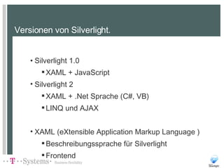 Versionen von Silverlight. Silverlight 1.0 XAML + JavaScript Silverlight 2 XAML + .Net Sprache (C#, VB) LINQ und AJAX XAML ( eXtensible Application Markup Language  ) Beschreibungssprache für Silverlight Frontend 