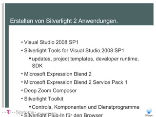 Erstellen von Silverlight 2 Anwendungen. Visual Studio 2008 SP1 Silverlight Tools for Visual Studio 2008 SP1 updates, project templates, developer runtime, SDK Microsoft Expression Blend 2 Microsoft Expression Blend 2 Service Pack 1 Deep Zoom Composer Silverlight Toolkit Controls, Komponenten und Dienstprogramme Silverlight Plug-In für den Browser 