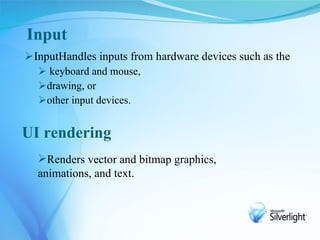 Input
InputHandles inputs from hardware devices such as the
   keyboard and mouse,
  drawing, or
  other input devices.


UI rendering
  Renders vector and bitmap graphics,
  animations, and text.
 