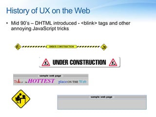 History of UX on the WebMid 90’s – DHTML introduced - <blink> tags and other annoying JavaScript tricks