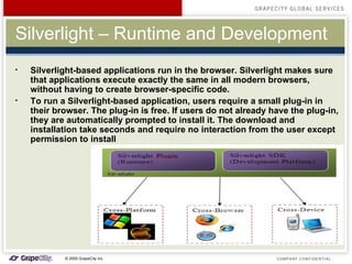 Silverlight – Runtime and Development Silverlight-based applications run in the browser. Silverlight makes sure that applications  execute exactly the same  in all modern browsers, without having to create browser-specific code. To run a Silverlight-based application, users require a small plug-in in their browser. The plug-in is free. If users do not already have the plug-in, they are automatically prompted to install it. The download and installation take seconds and require no interaction from the user except permission to install 