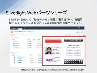 Silverlight Webѩ`ĥ`
 SilverlightʹäơӤΤ롹αʾФֱQĤ
 ʹäƤ餦ȤĿĤˤ SharePoint Webѩ`ĤǤ




      http://www.ank.co.jp/works/products/spsolution/index.html#silverlight
 