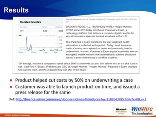 Results




    ● Product helped cut costs by 50% on underwriting a case
    ● Customer was able to launch product on time, and issued a
      press release for the same
    Ref: http://finance.yahoo.com/news/Hooper-Holmes-Introduces-bw-3187643785.html?x=0&.v=1



© 2010 WinWire Technologies
 
