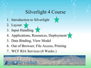 Silverlight 4 Course Introduction to Silverlight  Layout  Input Handling  Applications, Resources, Deployment Data Binding, View Model Out of Browser, File Access, Printing WCF RIA Services (4 Weeks ) 