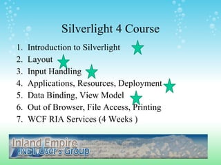 Silverlight 4 Course ,[object Object],[object Object],[object Object],[object Object],[object Object],[object Object],[object Object]