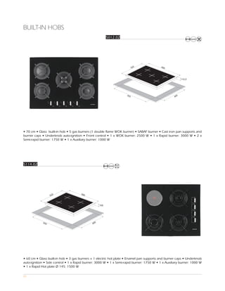 BUILT-IN HOBS
                                                         5012.02




                                                                          520              680




                                                                                                          112,5




                                                                    555                               5
                                                                                                    48




• 70 cm • Glass built-in hob • 5 gas burners (1 double flame WOK burner) • SABAF burner • Cast iron pan supports and
burner caps • Underknob auto-ignition • Front control • 1 x WOK burner: 2500 W • 1 x Rapid burner: 3000 W • 2 x
Semi-rapid burner: 1750 W • 1 x Auxiliary burner: 1000 W




5114.02




                                      590
                  520



                                                   100




            555                                5
                                             48




• 60 cm • Glass built-in hob • 3 gas burners + 1 electric hot plate • Enamel pan supports and burner caps • Underknob
auto-ignition • Side control • 1 x Rapid burner: 3000 W • 1 x Semi-rapid burner: 1750 W • 1 x Auxiliary burner: 1000 W
• 1 x Rapid Hot plate Ø 145: 1500 W

97
 