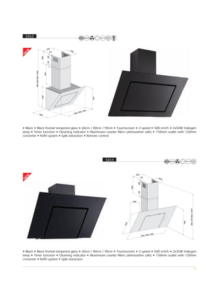 3262


                                            262
                                                   25
EW




                                              25     0
N




                                            80
                                400


                                            20
           Min 820 Max 1200



                                      400
                                420




                                                                              460




                                                                          0
                                                                 0   , 90
                                                            , 80
                              480                        600




• Black • Black frontal tempered glass • 60cm / 80cm / 90cm • Touchscreen • 3 speed • 500 m3/h • 2x50W Halogen
lamp • Timer function • Cleaning indicator • Aluminium casette filters (dishwasher safe) • 150mm outlet with 120mm
converter • N-RV system • Split extraction • Remote control




                                                                                    3263



                                                                                                       262
 EW




                                                                                                              25               25
                                                                                                                                 9
N




                                                                                                         80
                                                                                                 400


                                                                                                         20




                                                                                                   480
                                                                                                                                           Min 670 Max 1047
                                                                                                                                     485
                                                                                             5
                                                                                           42




                                                                                                                      0, 900
                                                                                                              600, 80




• Black • Black frontal tempered glass • 60cm / 80cm / 90cm • Touchscreen • 3 speed • 500 m3/h • 2x35W Halogen
lamp • Timer function • Cleaning indicator • Aluminium casette filters (dishwasher safe) • 150mm outlet with 120mm
converter • N-RV system • Split extraction

                                                                                                                                                              24
 