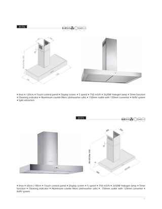 3176




• Inox • 120cm • Touch control panel • Display screen • 5 speed • 750 m3/h • 3x20W Halogen lamp • Timer function
• Cleaning indicator • Aluminium casette filters (dishwasher safe) • 150mm outlet with 120mm converter • N-RV system
• Split extraction




                                                       3171




                                                                      90


                                                                                                      00
                                                                                                   0,9
                                                                                                 60




• Inox • 60cm / 90cm • Touch control panel • Display screen • 5 speed • 750 m3/h • 2x50W Halogen lamp • Timer
function • Cleaning indicator • Aluminium casette filters (dishwasher safe) • 150mm outlet with 120mm converter •
N-RV system

                                                                                                                  34
 