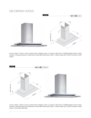 DECORATIVE HOODS
                                                        3130




• Inox • 60cm / 90cm • Touch control panel • Display screen • 3 speed • 500 m3/h • 2x50W Halogen lamp • Timer
function • Cleaning indicator • Aluminium casette filters (dishwasher safe) • 150mm outlet with 120mm converter • N-RV
system




 3131




• Inox • 60cm / 90cm • Touch control panel • Display screen • 5 speed • 750 m3/h • 2x50W Halogen lamp • Timer
function • Cleaning indicator • Aluminium casette filters (dishwasher safe) • 150mm outlet with 120mm converter • N-RV
system • Decorative blue light

39
 