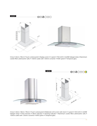 3157



                                        2   25
                                      26      0
         Max (60) 800 (90) 805
                                 20
         Min(60) 420 (90) 425




                                                              ,45
                                                            40




                                                       00
                                                    0,9
                                                  60
        50
             0




• Inox • 60cm / 90cm • Touch control panel • Display screen • 5 speed • 750 m3/h • 2x20W Halogen lamp • Aluminium
casette filters (dishwasher safe) • 150mm outlet with 120mm converter • N-RV system • Tempered glass




                                                                    3210




                                                                                                        00
                                                                                                   00, 9
                                                                                              0, 8
                                                                                            60




• Inox • 60cm / 80cm / 90cm • Touch control panel • Multicolor LCD screen with clock • 5 speed • 750 m3/h • 2x50W
Halogen lamp • Timer function • Alarm indicator • Cleaning indicator • Aluminium casette filters (dishwasher safe) •
150mm outlet with 120mm converter • N-RV system • Tempered glass

                                                                                                                  40
 