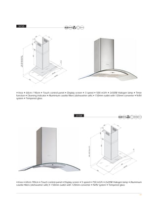 3155


                                                      2
                                                    26    25
                                                            0
                                               25
                                               80
                                       400

                                             20
                                         600
    Max (90) 1020 (60) 1004
     Min (90) 640 (60) 624




                                                                                     57-66




                                                                     20
                                                                  0,6
                                                                44
                                                                                00
                                                                          0,9
                                                                        60

                              50
                                   0




• Inox • 60cm / 90cm • Touch control panel • Display screen • 3 speed • 500 m3/h • 2x50W Halogen lamp • Timer
function • Cleaning indicator • Aluminium casette filters (dishwasher safe) • 150mm outlet with 120mm converter • N-RV
system • Tempered glass




                                                                                             3158


                                                                                                                                           2
                                                                                                                                         26    25
                                                                                                                                                 0
                                                                                                                                    25
                                                                                                                                    80
                                                                                                                            400

                                                                                                                                  20
                                                                                                                              500
                                                                                                    Min 435 Max 815




                                                                                                                                                                     62




                                                                                                                                                       0
                                                                                                                                                     42
                                                                                                                                                                00
                                                                                                                                                             0,9
                                                                                                                                                           60

                                                                                                                      50
                                                                                                                        0




• Inox • 60cm /90cm • Touch control panel • Display screen • 5 speed • 750 m3/h • 2x20W Halogen lamp • Aluminium
casette filters (dishwasher safe) • 150mm outlet with 120mm converter • N-RV system • Tempered glass



                                                                                                                                                                          44
 