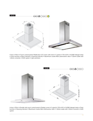 4112




• Inox • 90cm • Touch control panel • Multicolor LCD screen with clock • 5 speed • 750 m3/h • 4x20W Halogen lamp
• Timer function • Alarm indicator • Cleaning indicator • Aluminium casette filters (dishwasher safe) • 150mm outlet with
120mm converter • N-RV system • Split extraction




                                                         4120




• Inox • 90cm • Double side touch control panel • Display screen • 5 speed • 750 m3/h • 2x50W Halogen lamp • Timer
function • Cleaning indicator • Aluminium casette filters (dishwasher safe) • 150mm outlet with 120mm converter • N-RV
system

                                                                                                                      54
 