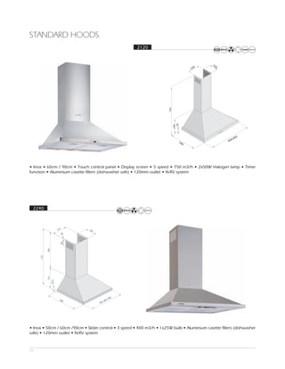 STANDARD HOODS
                                                       2120




• Inox • 60cm / 90cm • Touch control panel • Display screen • 5 speed • 750 m3/h • 2x50W Halogen lamp • Timer
function • Aluminium casette filters (dishwasher safe) • 120mm outlet • N-RV system




 2240



                        213    166
                          24
                          80
           500
     672


           172
                 23,5




                                                00
                         450                0, 9
                                        , 60
                                     500




• Inox • 50cm / 60cm /90cm • Slider control • 3 speed • 400 m3/h • 1x25W bulb • Aluminium casette filters (dishwasher
safe) • 120mm outlet • N-RV system



59
 