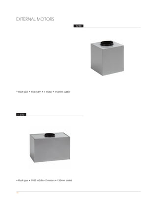 EXTERNAL MOTORS
                                                    1240




• Roof type • 750 m3/h • 1 motor • 150mm outlet




 1250




• Roof type • 1400 m3/h • 2 motors • 150mm outlet




75
 