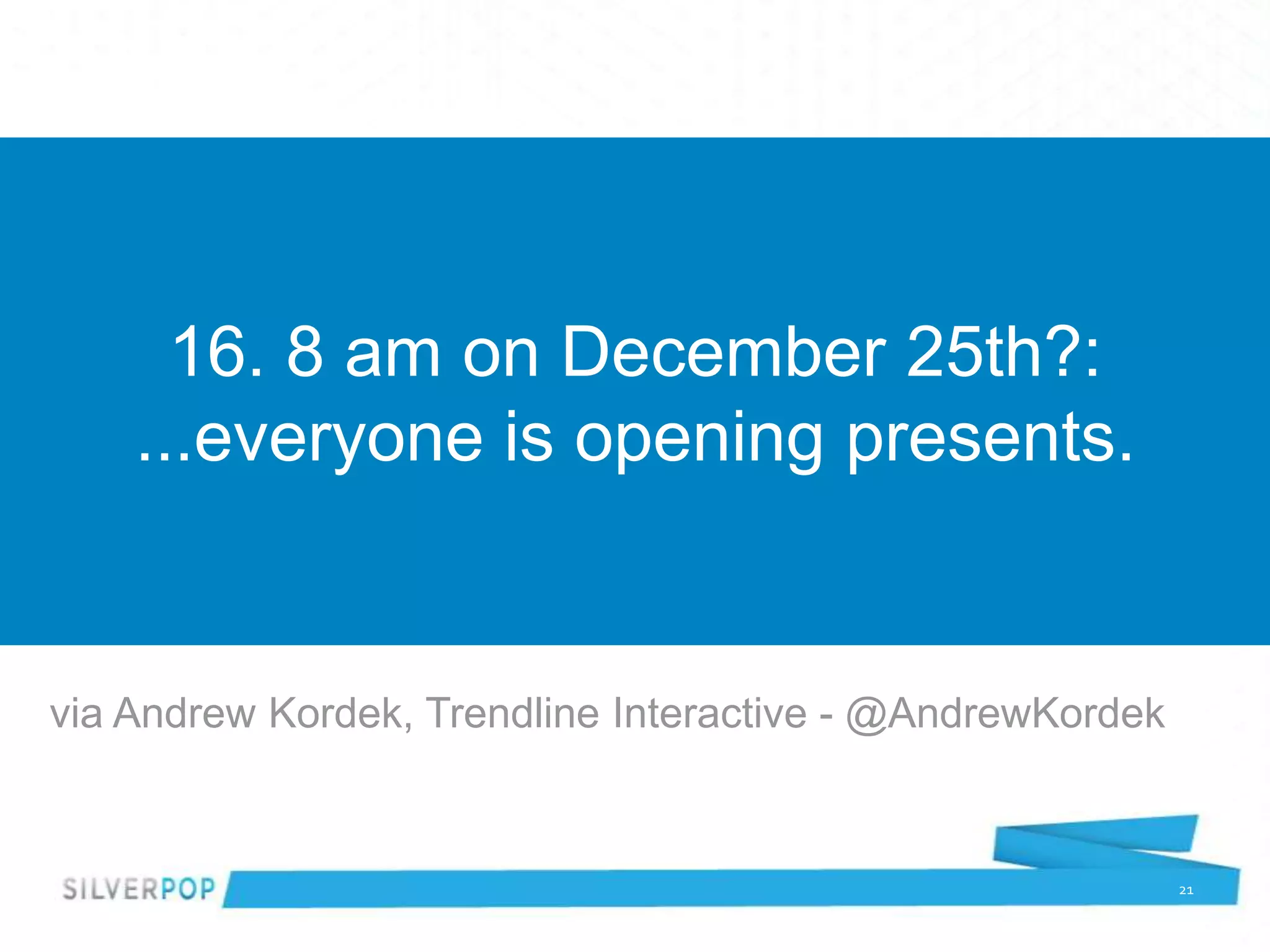 16. 8 am on December 25th?:
    ...everyone is opening presents.


via Andrew Kordek, Trendline Interactive - @AndrewKordek


                                                           21
 