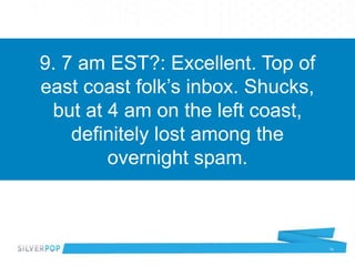 9. 7 am EST?: Excellent. Top of
east coast folk’s inbox. Shucks,
 but at 4 am on the left coast,
    definitely lost among...
