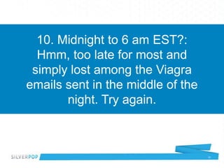 10. Midnight to 6 am EST?:
  Hmm, too late for most and
 simply lost among the Viagra
emails sent in the middle of the
   ...