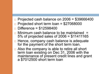    Projected cash balance on 2006 = $39666400
   Projected short term loan = $27068000
   Difference = $12598400
   Minimum cash balance to be maintained =
    5% of projected sales of 2006 = $11411165
   Hence, company cash balance is adequate
    for the payment of the short term loan.
   Also the company is able to retire all short
    term loan existing on Dec 31, 2006 with the
    maintenance of present credit lines and grant
    a $7012500 short term loan
 