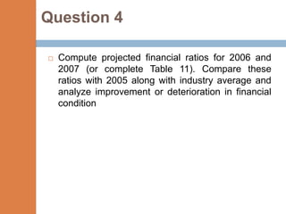 Question 4

   Compute projected financial ratios for 2006 and
    2007 (or complete Table 11). Compare these
    ratios with 2005 along with industry average and
    analyze improvement or deterioration in financial
    condition
 
