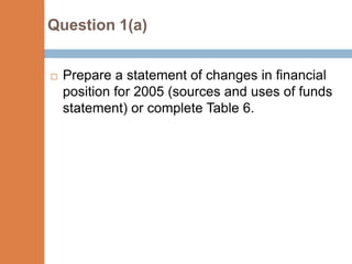 Question 1(a)


   Prepare a statement of changes in financial
    position for 2005 (sources and uses of funds
    statement) or complete Table 6.
 