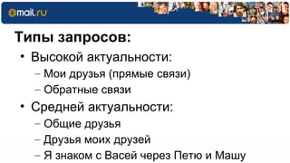 Типы запросов:
• Высокой актуальности:
  – Мои друзья (прямые связи)
  – Обратные связи
• Средней актуальности:
  – Общие друзья
  – Друзья моих друзей
  – Я знаком с Васей через Петю и Машу
 