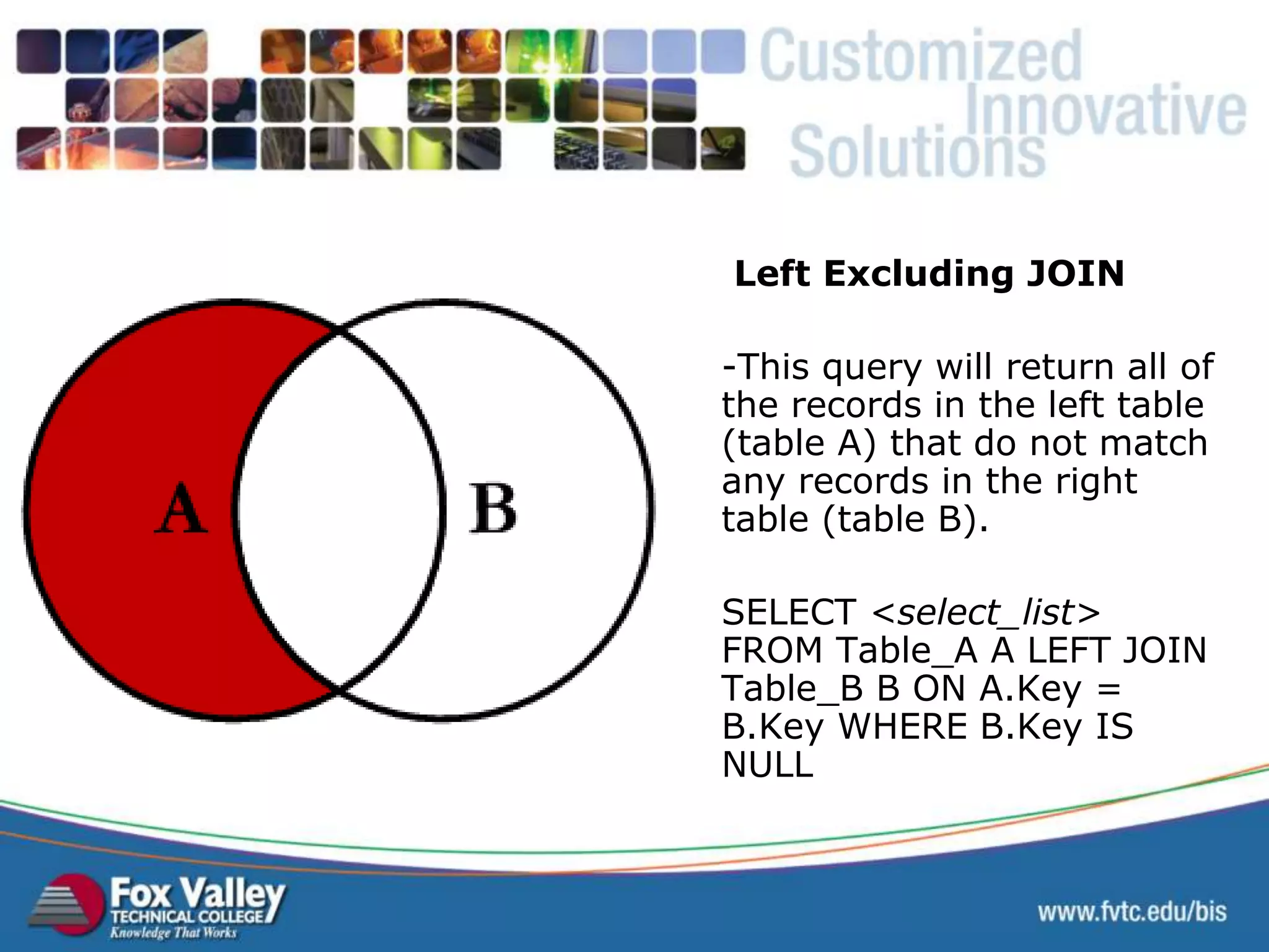 Left Excluding JOIN -This query will return all of the records in the left table (table A) that do not match any records in the right table (table B). SELECT <select_list> FROM Table_A A LEFT JOIN Table_B B ON A.Key = B.Key WHERE B.Key IS NULL SQL – LEFT JOIN EXCLUDING 