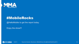 #MobileRocks 
@HelloMobile to get the report today. 
Enjoy the show!!! 
9/2014 Raymond Buckle, Silverstone: #MobileRocks SA @MobileWebAfrica2014 46 
