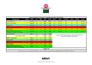 Championship Session Event Mins
Down
Time
Start Finish sign on where scrutineer where briefing where
Innes Ireland Cup 1 Qualifying 00:30 00:10 09:00 09:30 07:00 Race Admin 07:30 bay 08:15 Race Admin
HRDC Touring Greats 2 Qualifying 00:25 00:10 09:40 10:05 07:30 Race Admin 08:00 bay 08:45 Race Admin
"Equipe" GTS 3 Qualifying 00:15 00:10 10:15 10:30 08:00 Race Admin 08:30 bay 09:15 Race Admin
AMOC Intermarque Championship 4 Qualifying 00:30 00:10 10:40 11:10 08:30 Race Admin 09:00 bay 09:45 Race Admin
HRDC Allstars 5 Qualifying 00:15 00:10 11:20 11:35 09:00 Race Admin 09:30 bay 10:15 Race Admin
AMOC '50s Sports Cars inc the
Vredestein JEC Jaguar XK Challenge
6 Qualifying 00:15 00:15 11:45 12:00 09:30 Race Admin 10:00 bay 10:45 Race Admin
Innes Ireland Cup 7 Race 1 00:45 12:15 13:00
00:50 13:00 13:50
HRDC Touring Greats 8 Race 2 00:45 00:15 13:50 14:35
"Equipe" GTS 9 Race 3 00:30 00:15 14:50 15:20
AMOC Intermarque Championship 10 Race 4 00:45 00:15 15:35 16:20
HRDC Allstars 11 Race 5 00:30 00:15 16:35 17:05
AMOC '50s Sports Cars inc the
Vredestein JEC Jaguar XK Challenge
12 Race 6 00:30 17:20 17:50
Garages: tbn
ALL TIMES ARE PROVISIONAL & MAY BE CHANGED WITHOUT NOTICE. IT IS THE COMPETITORS RESPONSIBILITY TO WATCH THE PROGRESS OF THE MEETING & TO BE IN THE ASSEMBLY AREA NO LATER THAN 20 MINUTES PRIOR TO THE START OF THE QUALIFYING OR RACE.
FAILURE TO COMPLY MAY RESULT IN SPACE BEING GIVEN TO RESERVES. IN IDEAL CONDITIONS THE QUALIFYING OR RACING PROGRAMME MAY BE BROUGHT FORWARD BY UP TO 20 MINUTES.
Aston  Club  Racing  –  Silverstone  –  Timetable  Issue  ONE  –  5th  April  2014
Lunch Break / Demos
Competitors are invited to sign on in Race Administration on
Friday 4 April between 16:00 & 18:00
Organised by MotorSport Vision Racing for Aston Club Racing
 