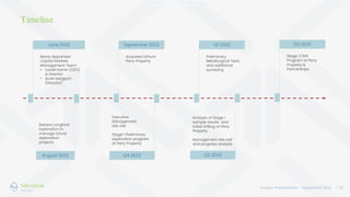Investor Presentation – September 2022 / 15
Timeline
June 2022
Newly Appointed
Capital Markets
Management Team:
• Lowell Kamin (CEO)
& Director
• Scott Margach
(Director)
August 2022
Retains Longford
Exploration to
manage future
exploration
projects
September 2022
Acquired Lithium
Peny Property
Q4 2022
Executive
Management
site visit
Stage 1 Preliminary
exploration program
at Peny Property
Q1 2023
Preliminary
Metallurgical Tests
and additional
surveying
Q2 2023
Analysis of Stage 1
sample results and
initial Drilling at Peny
Property
Management site visit
and progress analysis
Q3 2023
Stage 2 Drill
Program at Peny
Property &
Partnerships
 