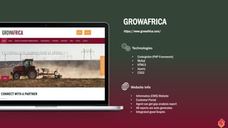 GROWAFRICA
https://www.growafrica.com/
• Codeigniter (PHP Framework)
• MySql
• HTML5
• Jquery
• CSS3
Technologies
• Informatics (CMS) Website
• Customer Portal
• Agent can get gap analysis report
• All reports are auto generates
• Integrated good Graphs
Website Info
 
