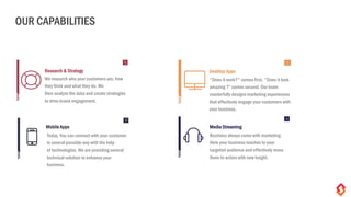 Research & Strategy
We research who your customers are, how
they think and what they do. We
then analyze the data and create strategies
to drive brand engagement.
Desktop Apps
"Does it work?" comes first. "Does it look
amazing ?“ comes second. Our team
masterfully designs marketing experiences
that effectively engage your customers with
your business.
Business always come with marketing.
Here your business reaches to your
targeted audience and effectively move
them to action with new height.
Mobile Apps
Today, You can connect with your customer
in several possible way with the help
of technologies. We are providing several
technical solution to enhance your
business.
Media Streaming
OUR CAPABILITIES
1 2
43
 