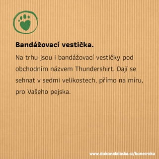 Bandážovací vestička.
Na trhu jsou i bandážovací vestičky pod
obchodním názvem Thundershirt. Dají se
sehnat vsedmi velikostech, přímo na míru,
pro Vašeho pejska.
www.dokonalalaska.cz/konecroku
 