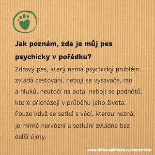 Jak poznám, zda je můj pes
psychicky v pořádku?
Zdravý pes, který nemá psychický problém,
zvládá cestování, nebojí se vysavače, ran  
a hluků, neútočí na auta, nebojí se podnětů,
které přicházejí vprůběhu jeho života.
Pouze když se setká svěcí, kterou nezná,
je mírně nervózní a setkání zvládne bez
další újmy.
www.dokonalalaska.cz/konecroku
 