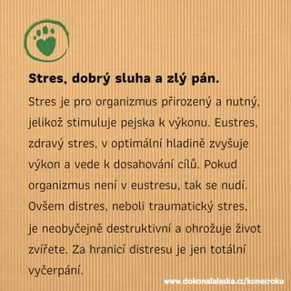 Stres, dobrý sluha a zlý pán.
Stres je pro organizmus přirozený a nutný,
jelikož stimuluje pejska kvýkonu. Eustres,
zdravý stres, voptimální hladině zvyšuje
výkon a vede kdosahování cílů. Pokud
organizmus není v eustresu, tak se nudí.
Ovšem distres, neboli traumatický stres,
je neobyčejně destruktivní a ohrožuje život
zvířete. Za hranicí distresu je jen totální
vyčerpání.
www.dokonalalaska.cz/konecroku
 