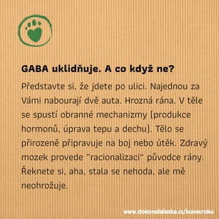 GABA uklidňuje. A co když ne?
Představte si, že jdete po ulici. Najednou za
Vámi nabourají dvě auta. Hrozná rána. Vtěle
se spustí obranné mechanizmy (produkce
hormonů, úprava tepu a dechu). Tělo se
přirozeně připravuje na boj nebo útěk. Zdravý
mozek provede „racionalizaci“ původce rány.
Řeknete si, aha, stala se nehoda, ale mě
neohrožuje.
www.dokonalalaska.cz/konecroku
 