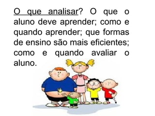 O que analisar ? O que o aluno deve aprender; como e quando aprender; que formas de ensino são mais eficientes; como e quando avaliar o aluno. 