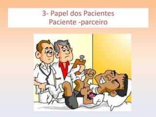 3- Papel dos Pacientes
Paciente é nosso parceiro no seu tratamento !!!
            Paciente -parceiro
 