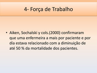 4- Força de Trabalho


• Aiken, Sochalski y cols.(2000) confirmaram
  que uma enfermeira a mais por paciente e por
  día estava relacionado com a diminuição de
  até 50 % da mortalidade dos pacientes.
 