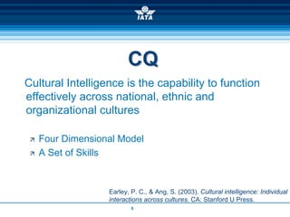 CQ
Cultural Intelligence is the capability to function
effectively across national, ethnic and
organizational cultures

   Four Dimensional Model
   A Set of Skills


                  Earley, P. C., & Ang, S. (2003). Cultural intelligence: Individual
                  interactions across cultures. CA: Stanford U Press.
                          8
 