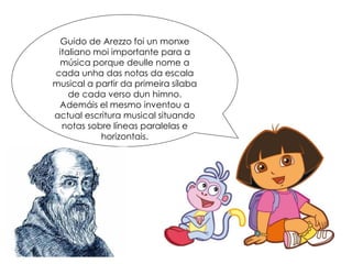 Guido de Arezzo foi un monxe
italiano moi importante para a
música porque deulle nome a
cada unha das notas da escala
musical a partir da primeira sílaba
de cada verso dun himno.
Ademáis el mesmo inventou a
actual escritura musical situando
notas sobre líneas paralelas e
horizontais.
 