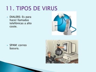    DIALERS: Es para
    hacer llamadas
    telefónicas a alto
    coste.




   SPAM: correo
    basura.
 