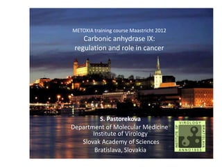 METOXIA training course Maastricht 2012
    Carbonic anhydrase IX:
 regulation and role in cancer




          S. Pastorekova
Department of Molecular Medicine,
       Institute of Virology
   Slovak Academy of Sciences
        Bratislava, Slovakia
 